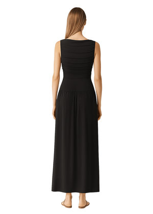 Black Draped Bodice Jersey Flowy Skirt Style Evening Dress