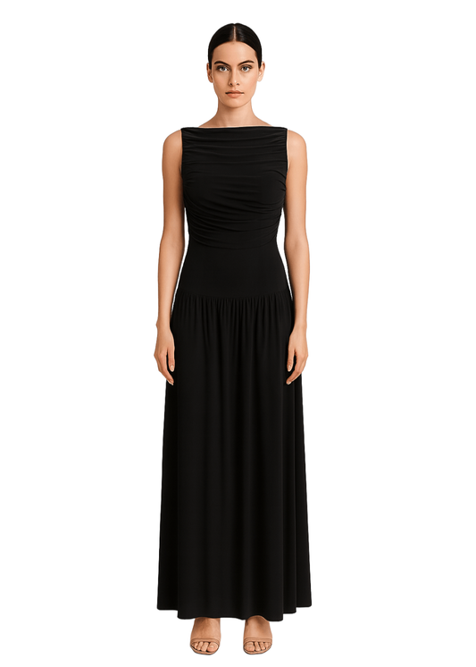 Black Draped Bodice Jersey Flowy Skirt Style Evening Dress