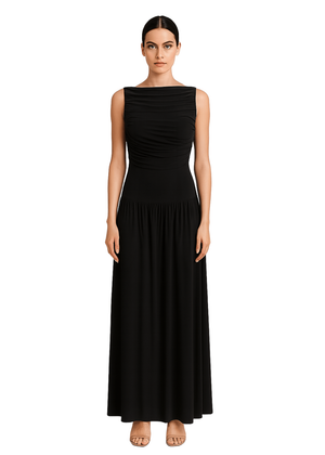 Black Draped Bodice Jersey Flowy Skirt Style Evening Dress
