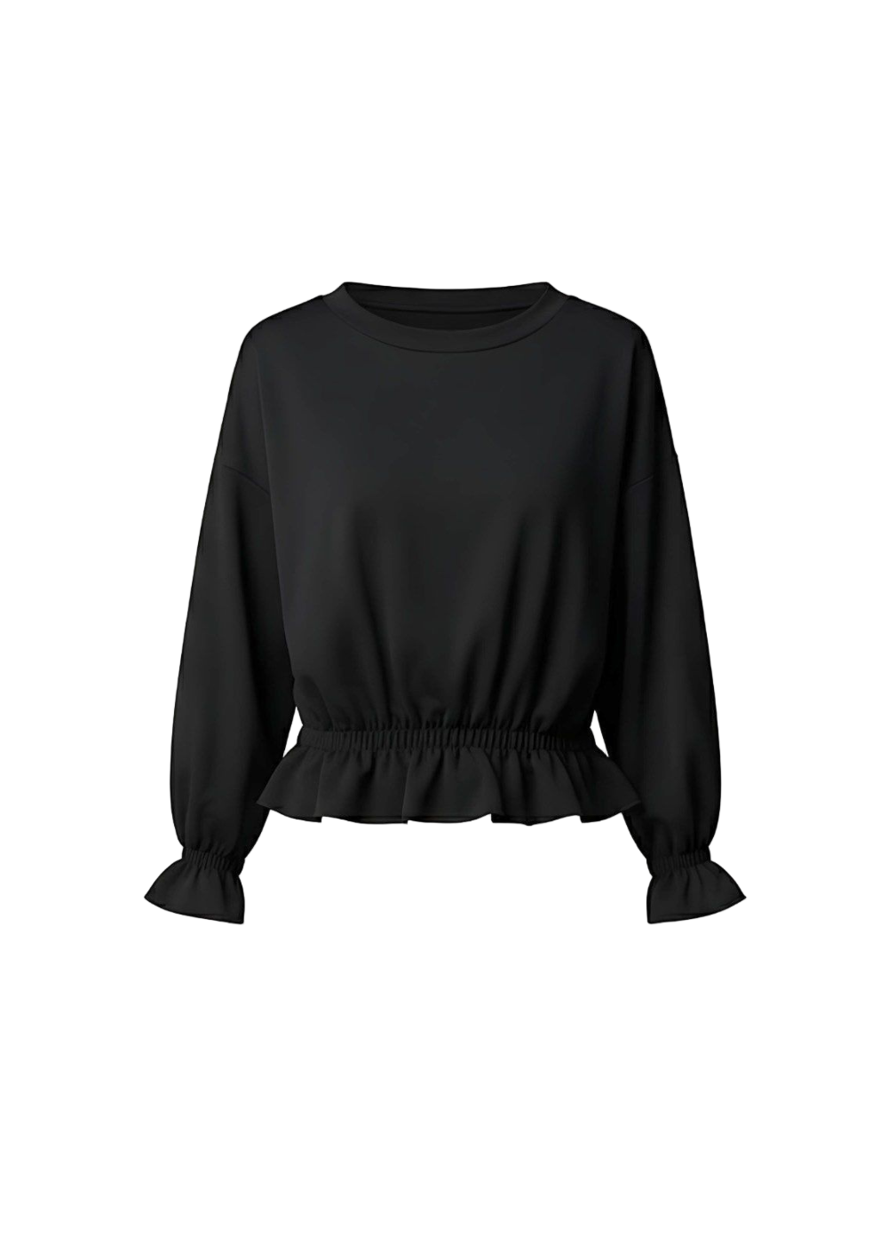 Black Elastic Wrist and Waist Flared Detail Peplum Top