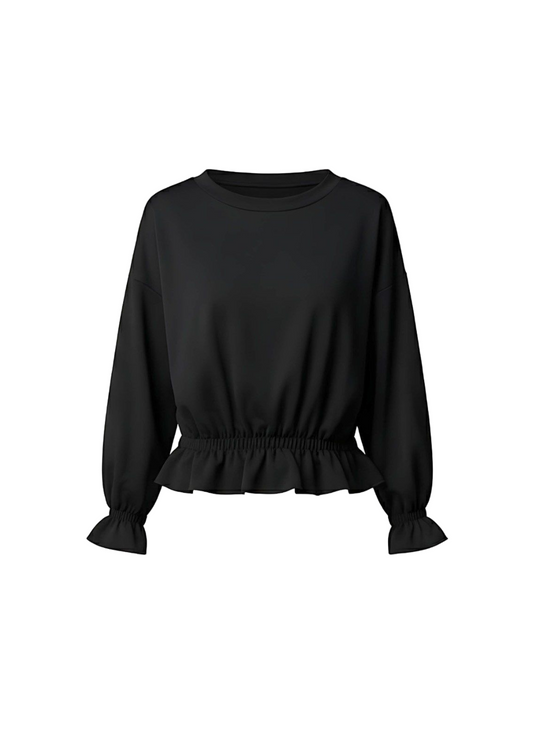 Black Elastic Wrist and Waist Flared Detail Peplum Top