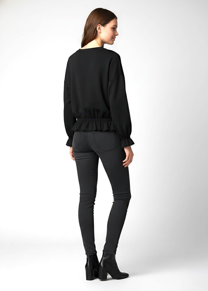 Black Elastic Wrist and Waist Flared Detail Peplum Top