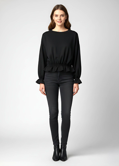 Black Elastic Wrist and Waist Flared Detail Peplum Top