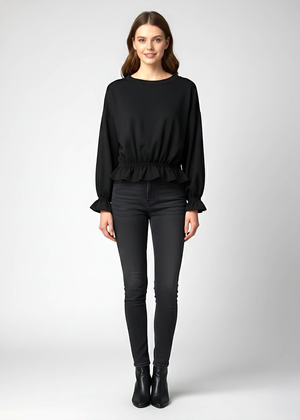 Black Elastic Wrist and Waist Flared Detail Peplum Top