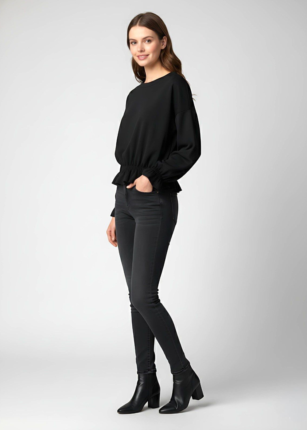 Black Elastic Wrist and Waist Flared Detail Peplum Top