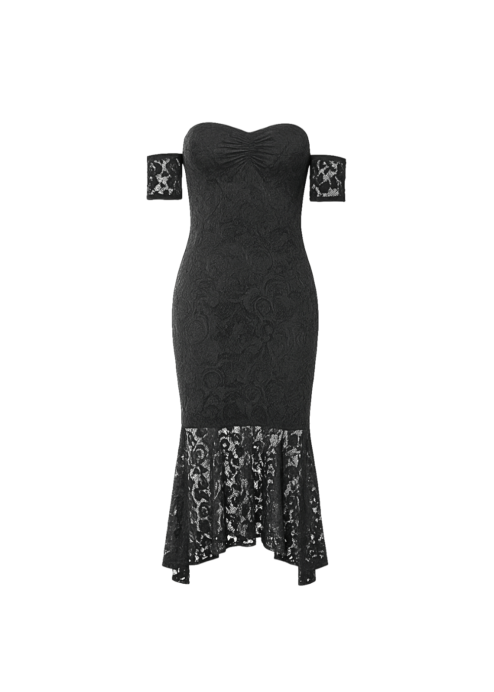 Black Fishtail Style Hem Off Shoulder Slim Fit Lace Midi Dress
