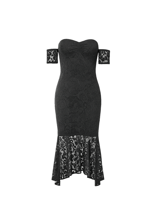 Black Fishtail Style Hem Off Shoulder Slim Fit Lace Midi Dress