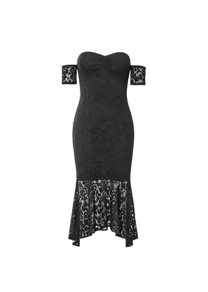 Black Fishtail Style Hem Off Shoulder Slim Fit Lace Midi Dress