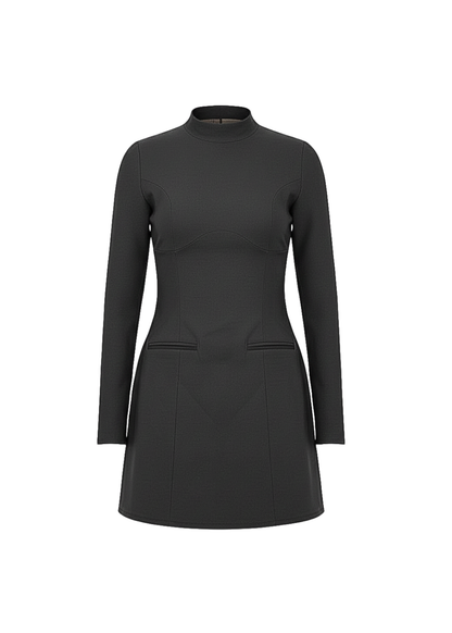Black Fitted Long Sleeve A-Line Style Mini Dress