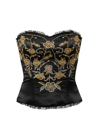 Black Floral Embroidered Satin Bustier Corset Top