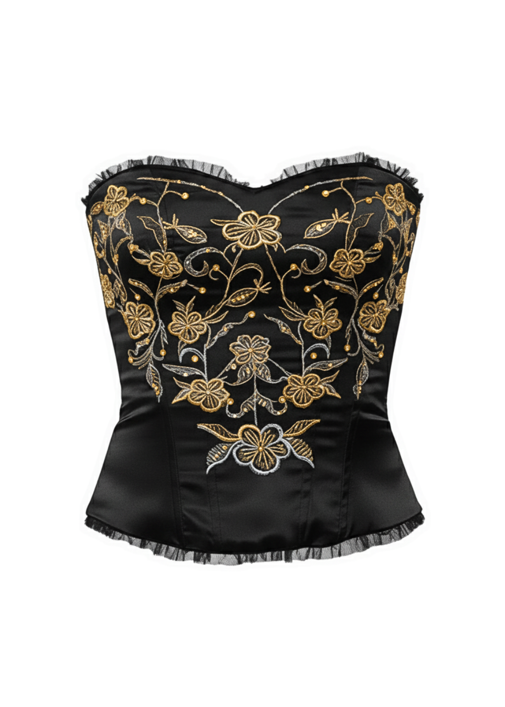Black Floral Embroidered Satin Bustier Corset Top