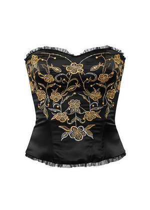 Black Floral Embroidered Satin Bustier Corset Top