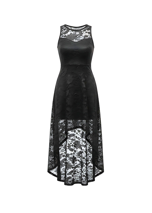 Black Floral Lace Asymmetrical Hem Party Dress