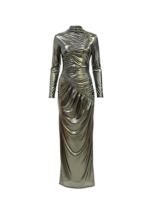 Black Gold Venechia Foil Deep Tail Gathered Maxi Dress