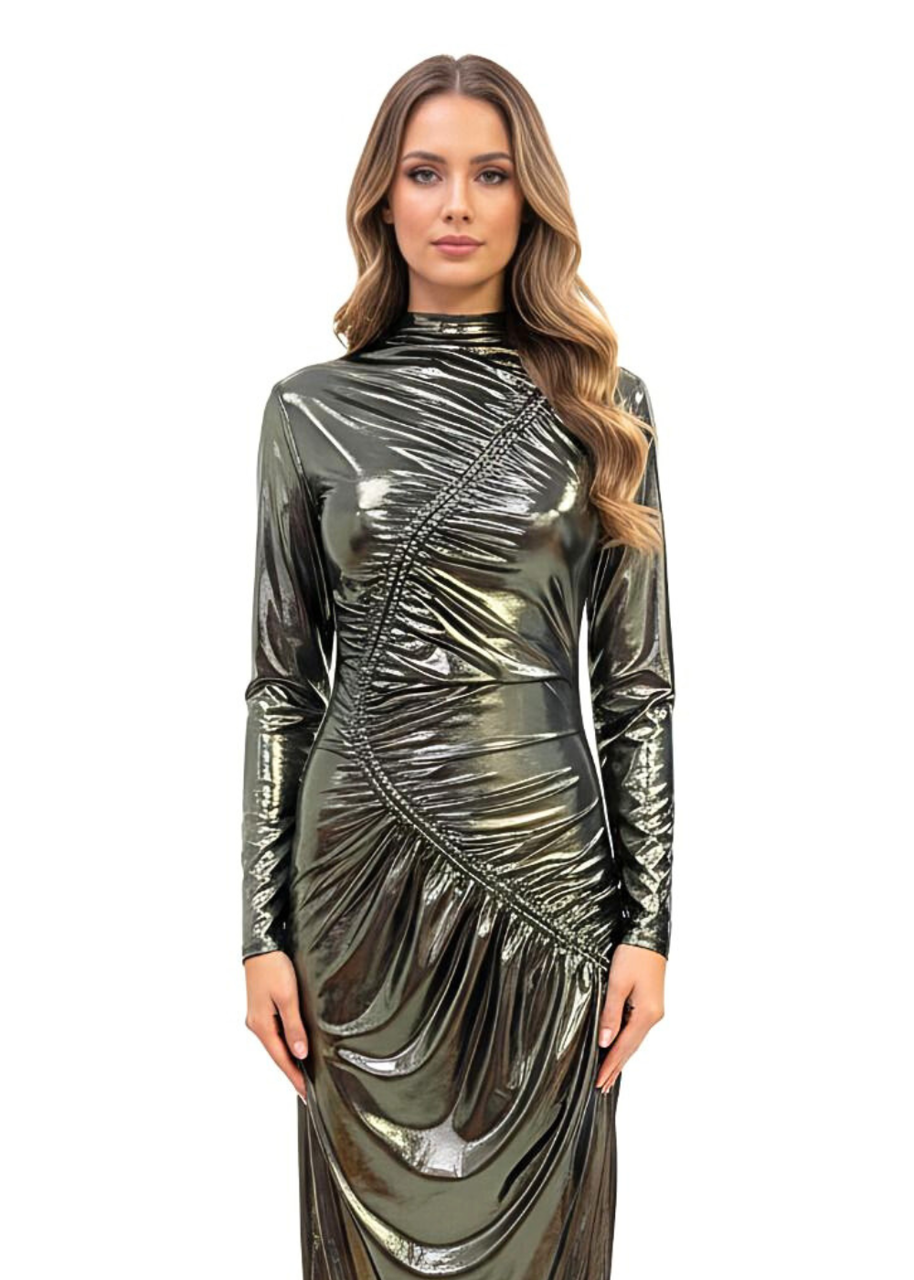 Black Gold Venechia Foil Deep Tail Gathered Maxi Dress