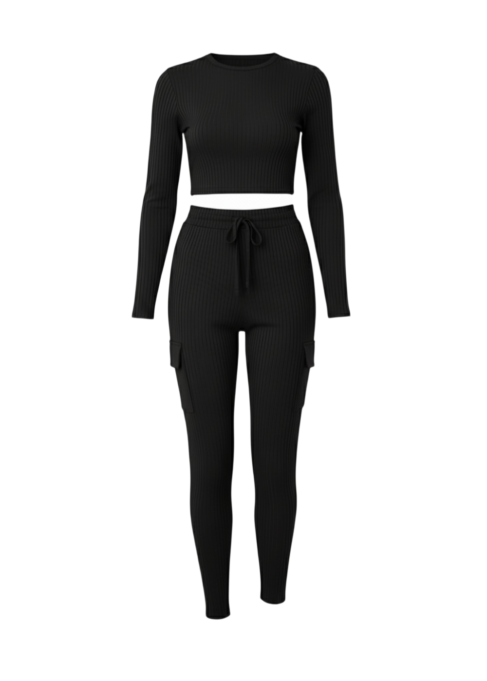 Black Long Sleeve Ribbed Crop Top & Cargo Co-Ord Lounge Set