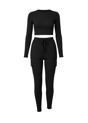 Black Long Sleeve Ribbed Crop Top & Cargo Co-Ord Lounge Set