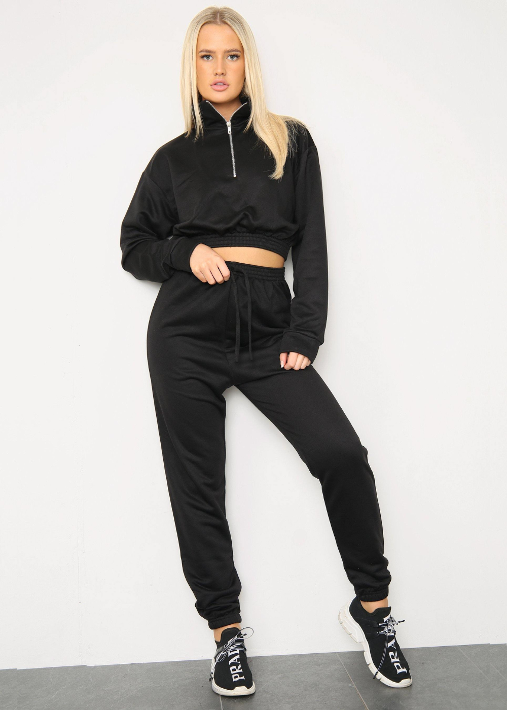 Black Long Sleeve Zipper Crop Top Oversized Matching Joggers