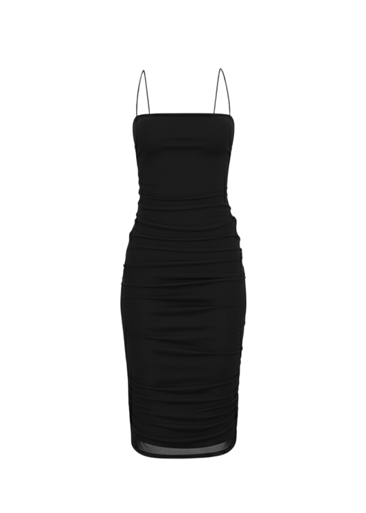 Black Mesh Bodycon Side Drawstring Detail Midi Dress