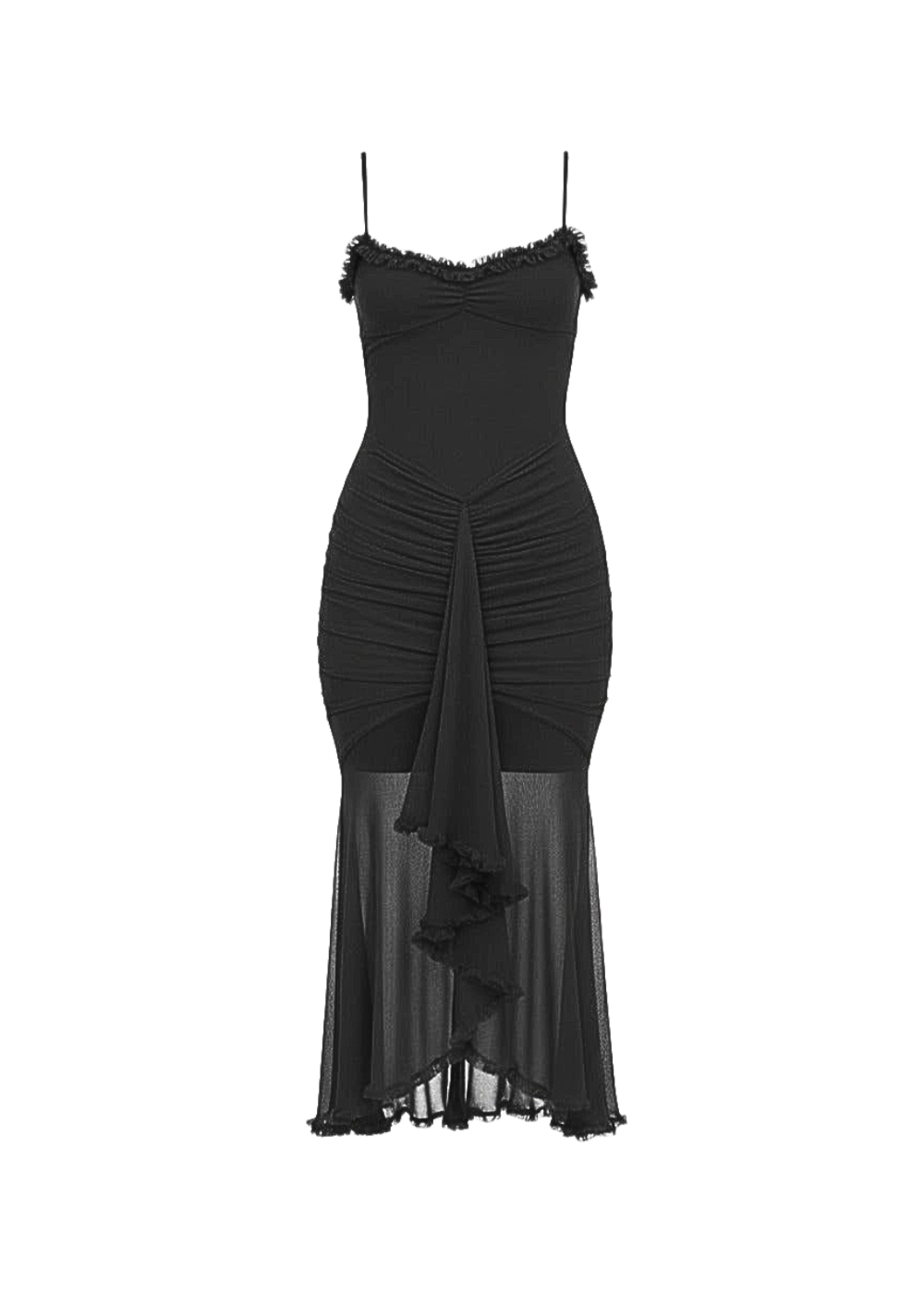 Black Ruched Bodycon Mesh Classic Party Midi Dress