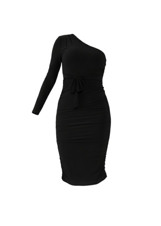 Black Ruched Detailing One Shoulder Bodycon Midi Dress