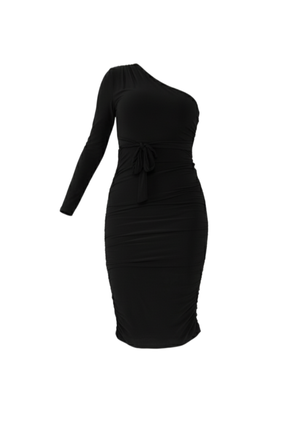 Black Ruched Detailing One Shoulder Bodycon Midi Dress