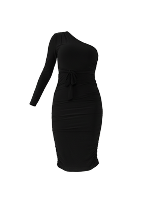 Black Ruched Detailing One Shoulder Bodycon Midi Dress
