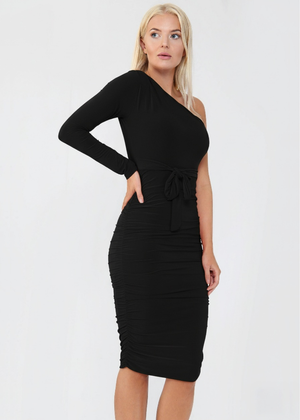 Black Ruched Detailing One Shoulder Bodycon Midi Dress