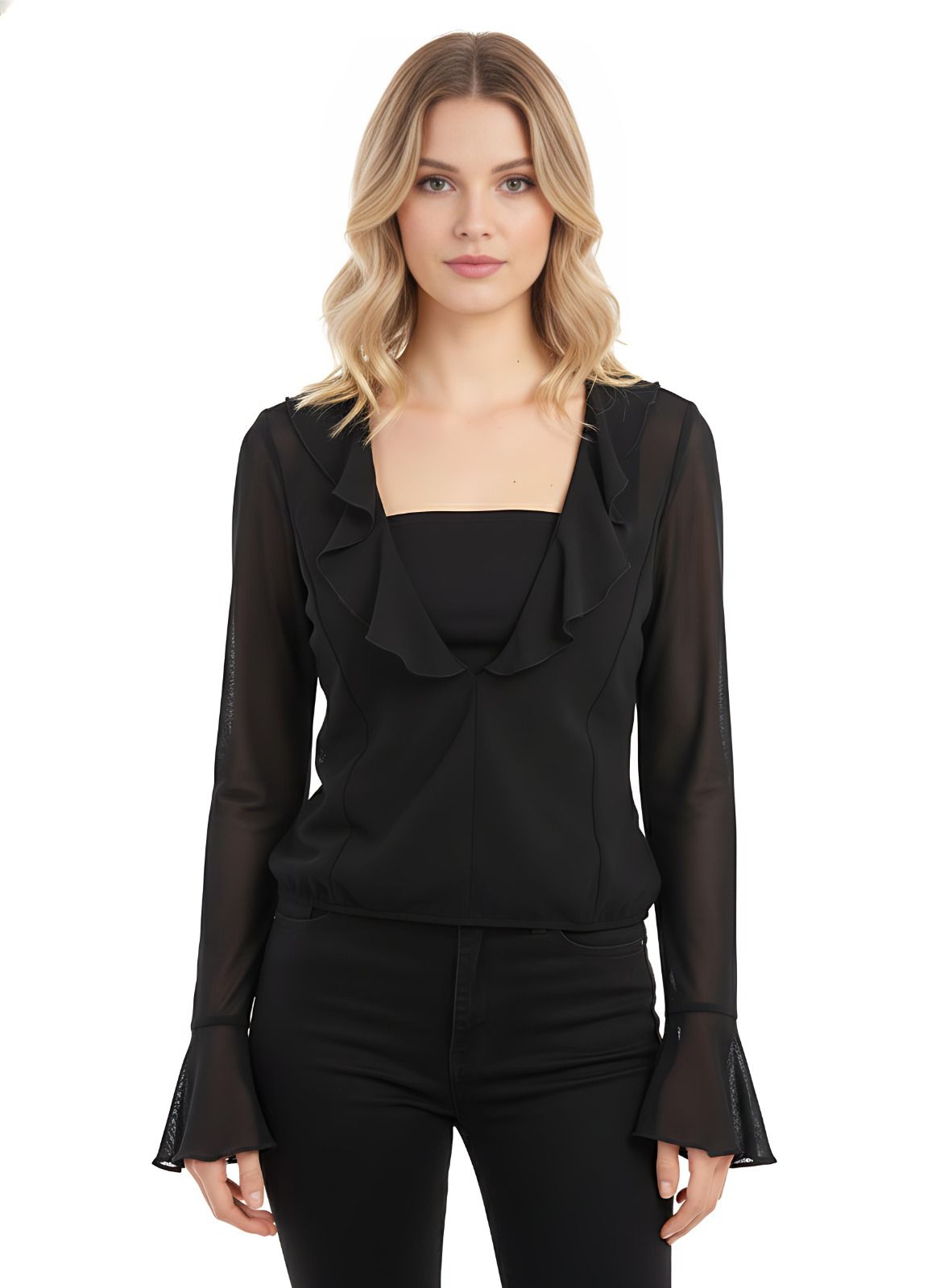 Black Ruffle Deep V Long Sleeve Chiffon Blouse