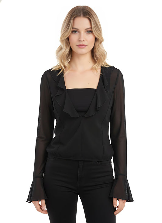 Black Ruffle Deep V Long Sleeve Chiffon Blouse