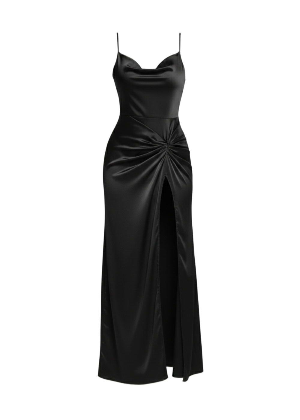 Black Satin Cowl Neck Maxi Dress With Front Slit