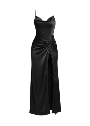 Black Satin Cowl Neck Maxi Dress With Front Slit