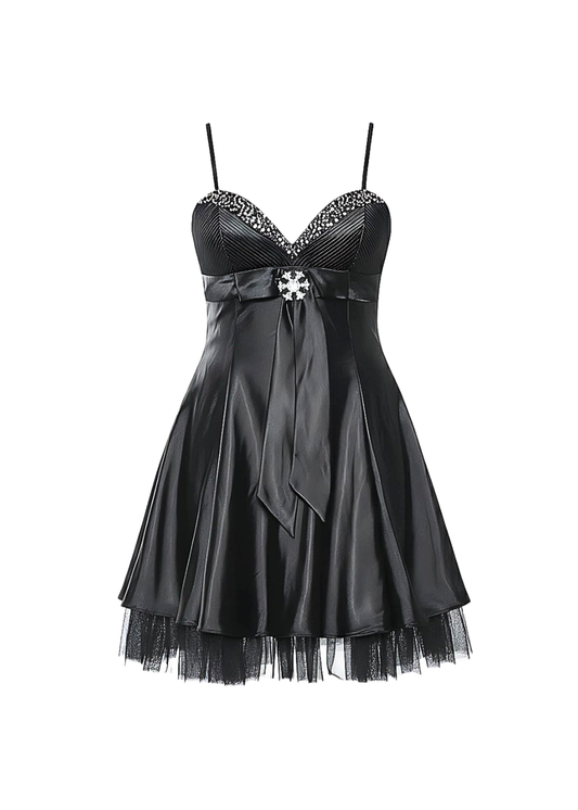 Black Satin Snowflake Embellished Babydoll Mini Dress