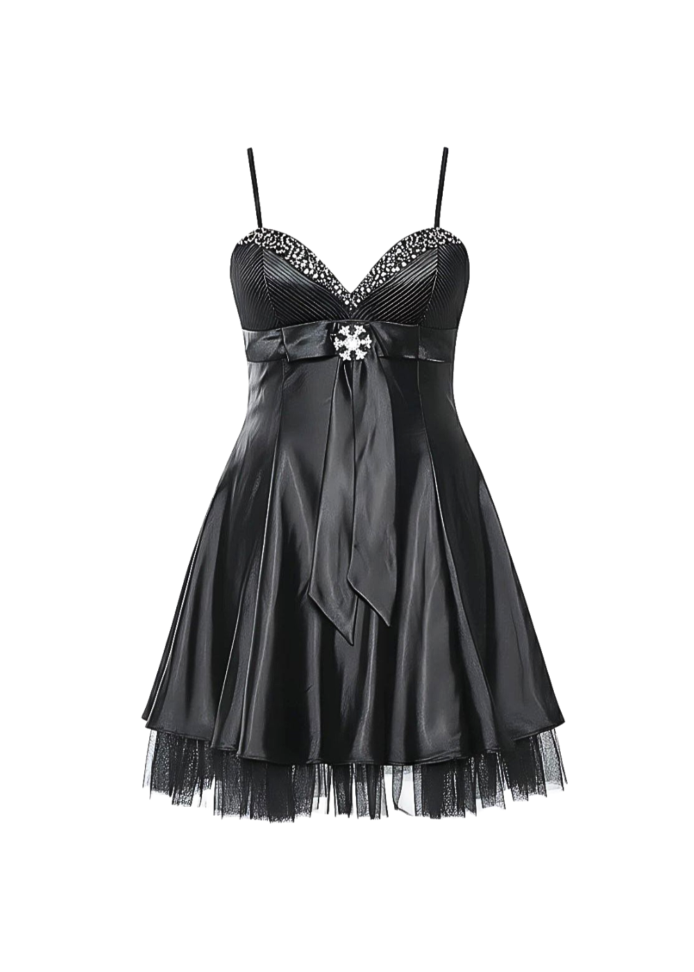 Black Satin Snowflake Embellished Babydoll Mini Dress