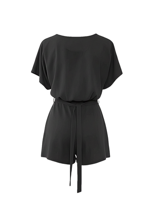 Black Short Sleeve Tie Waist Playsuit with Belted Detail
