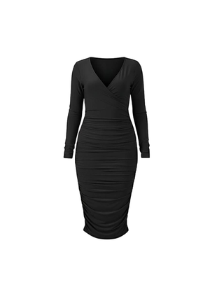 Black Slinky Long Sleeve Ruched Wrap Midi Dress