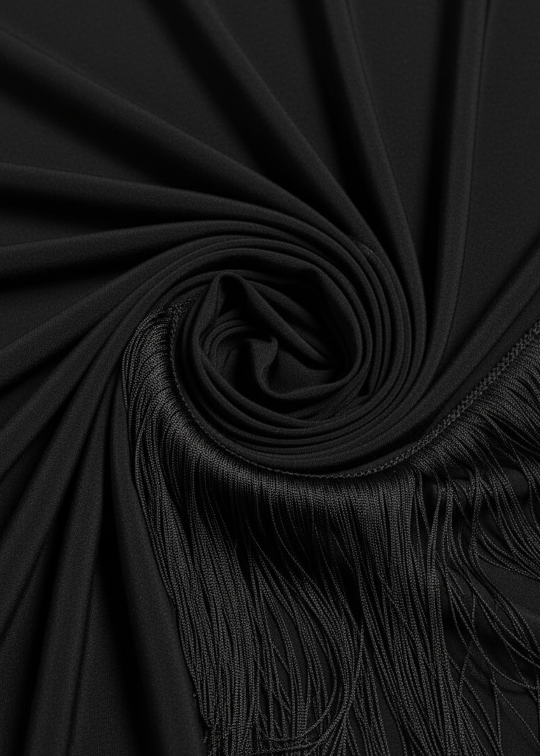 Black Fringe Tassel Hem Cami Long Sleeve Bodycon Midi Dress