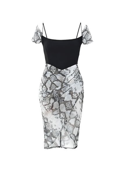 Black Snake Print Off Shoulder Bardot Bodycon Dress