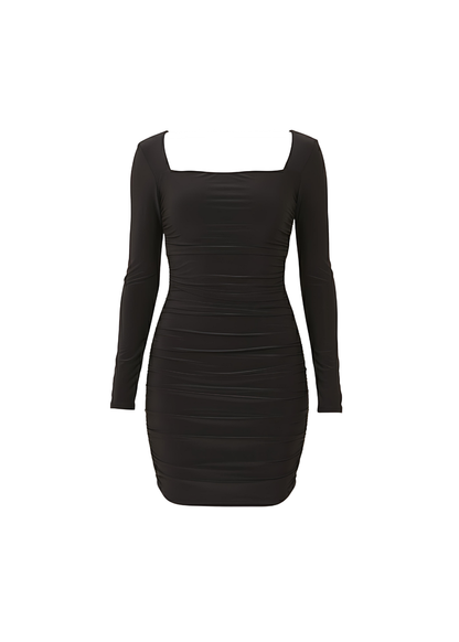 Black Stretch Fit Square Neck Ruched Bodycon Party Style Mini Dress