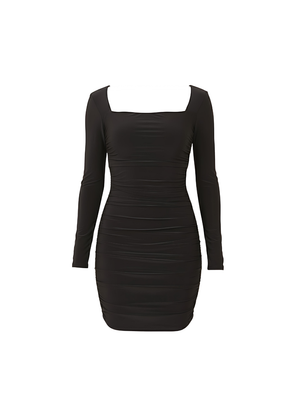 Black Stretch Fit Square Neck Ruched Bodycon Party Style Mini Dress