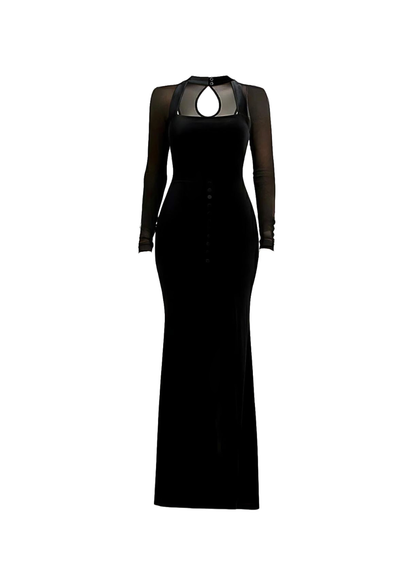 Black Velvet Mesh Long Sleeve High Slit Maxi Dress