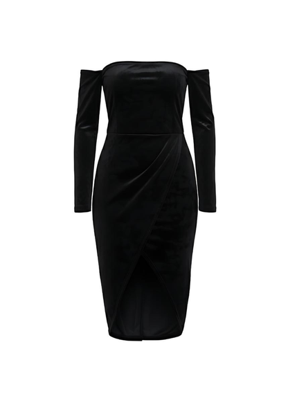 Black Velvet Off Shoulder Velvet Bodycon Midi Dress