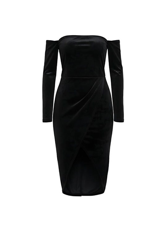 Black Velvet Off Shoulder Velvet Bodycon Midi Dress