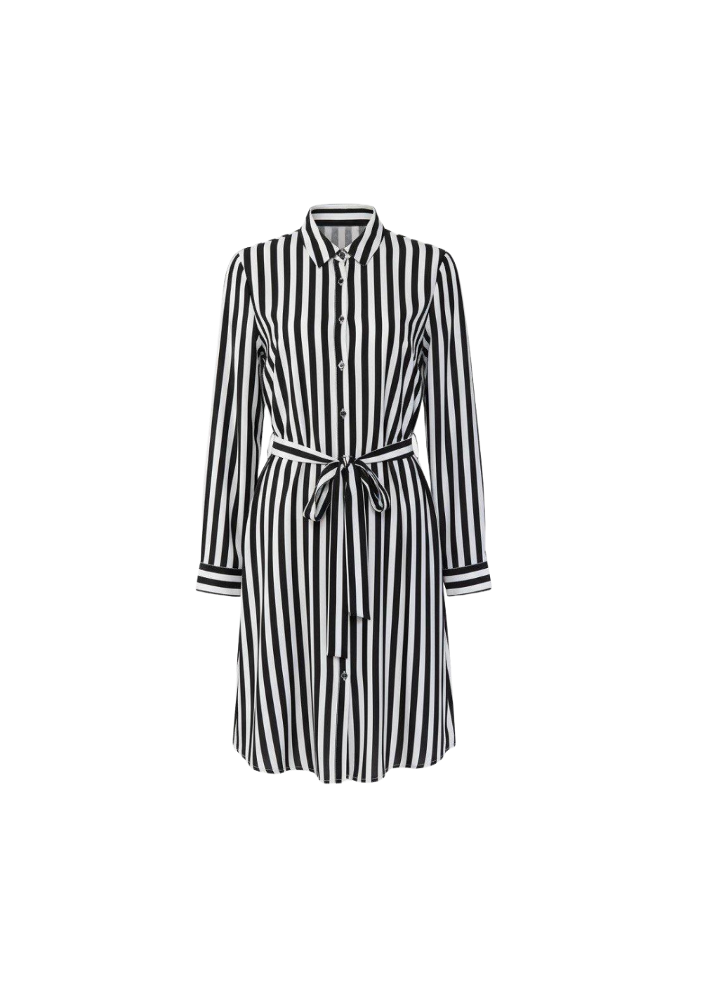 Black and White Striped Satin Shirt Dress with Belted Waist