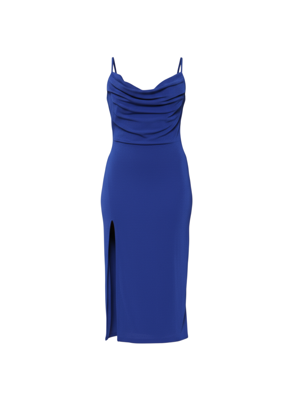 Blue Slinky Cowl Neck Midi Slip Dress With Side Slit