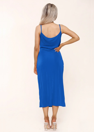Blue Slinky Cowl Neck Midi Slip Dress With Side Slit