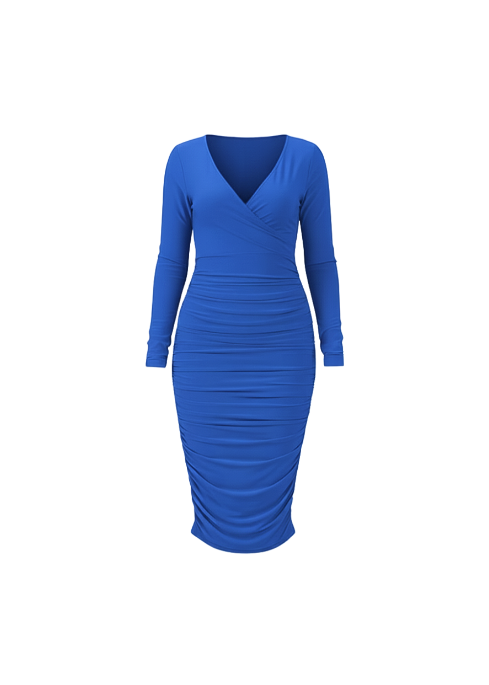 Blue Slinky Long Sleeve Ruched Wrap Midi Dress