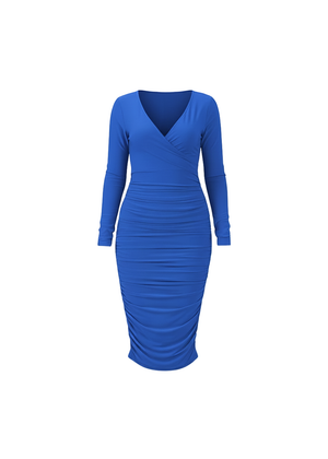 Blue Slinky Long Sleeve Ruched Wrap Midi Dress