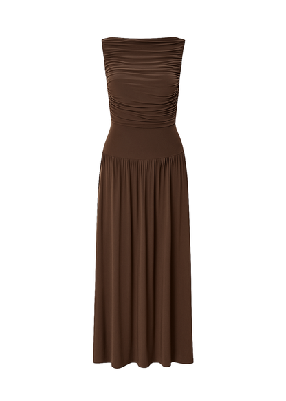 Brown Draped Bodice Jersey Flowy Skirt Style Evening Dress