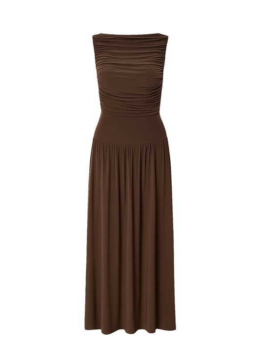 Brown Draped Bodice Jersey Flowy Skirt Style Evening Dress